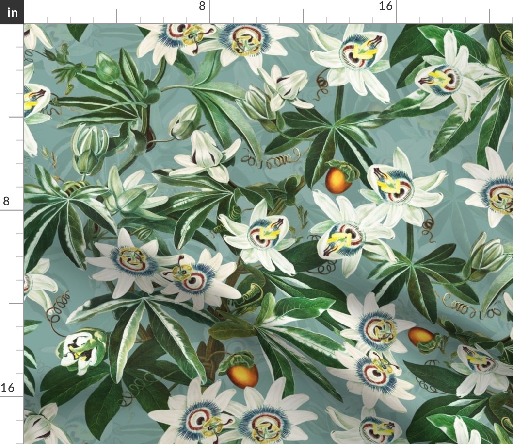 vintage tropical passionflowers reconstructed by robert john thorton, antiqued green leaves and nostalgic beautiful tropical jungle blossoms teal double layer