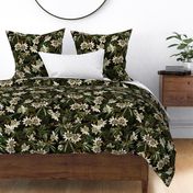 vintage tropical passionflowers reconstructed by robert john thorton, antiqued green leaves and nostalgic beautiful tropical jungle blossoms black double layer