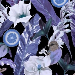 Midnight Dark Garden Tropical Birds - Black and Blue