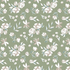 Felicity floral, olive green, teal, and taupe