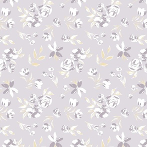 Felicity floral, lilac purple, yellow, and taupe