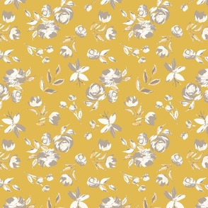 Felicity floral, mustard yellow, taupe, and white