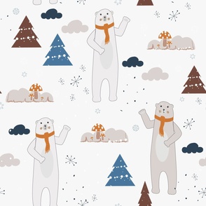 Seamless kids pattern with lovely cute polar bears mountains  mushrooms and forest. Scandinavian for fabric design pattern_ wrapping paper_ wallpaper_ background