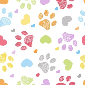 Doodle colorful paw prints with hearts seamless fabric design pattern vector