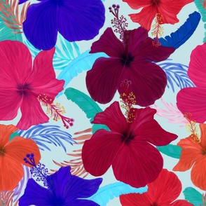 Hand drawn hibiscus, banana, palm leaves tropical pattern blue 