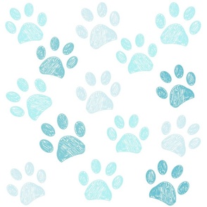 Blue colored hand drawn paw print background