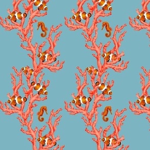 Sea coral and clownfish on blue