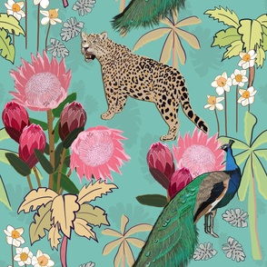 Tiger and peacock with tropical flowers pattern turquoise