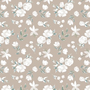 Felicity floral, taupe, teal, and white