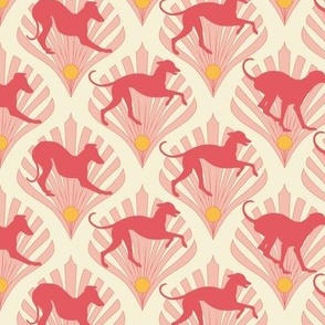 small Art Deco Dogs Running in Coral. Peach and Gold dog fabric