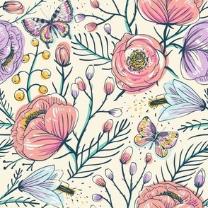 Poppies and Butterflies in Pink and Purple on Ivory - Coordinate