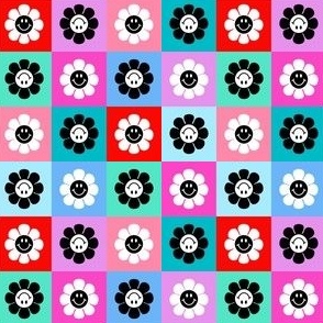 1" retro flower checker fabric - bright and bold colorful design
