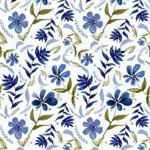 Blue and white block print, painted flowers, olive green leaves, Hamptons