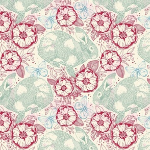 Bunnies, Butterflies and Blooms in Mint and Viva Magenta on Ivory - Coordinate