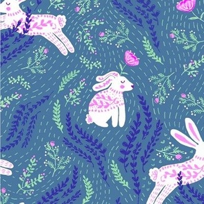 Folk bunnies & flowers - cobalt blue, mint teal, fuchsia