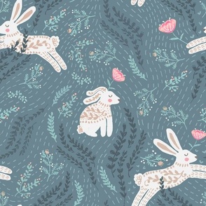 [large] Scandi Bunnies and Flowers - steel blue grey and pink