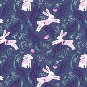 Folk Bunnies & Flowers - Indigo Blue & Pink
