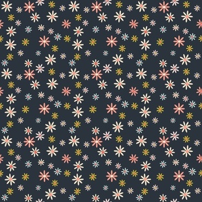 Multi-color small spring daisies on navy 