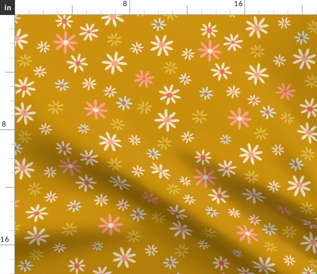 Multi-color spring daisies on yellow background 