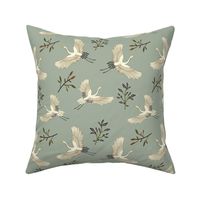 Japanese Cranes on Serene Laurel Green - Medium Scale