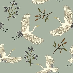 Japanese Cranes on Serene Laurel Green - Medium Scale