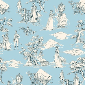 Time Travel - Jane Austen Toile de Jouy - Blue and Cream - Large Scale