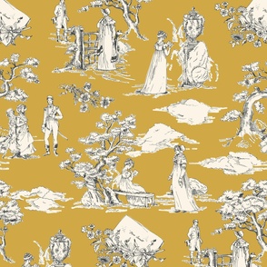 Time Travel - Jane Austen Toile de Jouy - Yellow and Grey - Large Scale