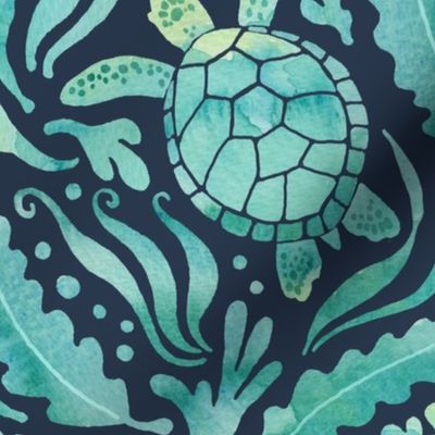 turtles and seaweed aqua green on navy - large scale