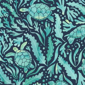 turtles and seaweed aqua green on navy - large scale