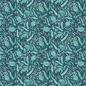 turtles and seaweed aqua green on navy - medium-small scale