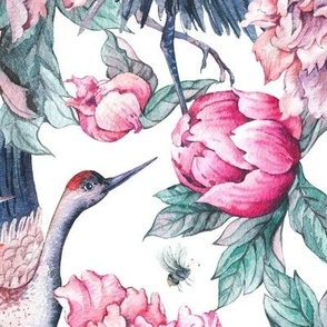 Big peonies and crane on white