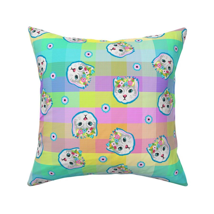 Colorful checkered print with cute cats and daisies - large print.