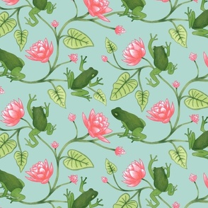 Frogs and Lotus Flowers Pink Green (medium) froggy