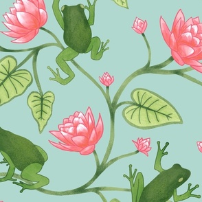 Frogs and Lotus Flowers Pink Green (large) froggy