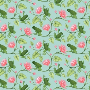 Frogs and Lotus Flowers Pink Green (small) froggy