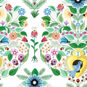 Cute birds flying out from their birdhouse in the graphical floral damask on a sunny day - large.