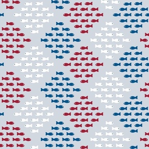 Nautical Ditsy Patchwork Fish in Red, White and Blue on a Pale Powder Blue (Geometric squares)