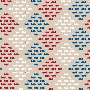 Nautical Ditsy Patchwork Fish in Red,White and Blue on a Sand shell (neutral colour)