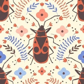Red bug in folk florals (red, pink, blue) on creamy yellow wallpaper