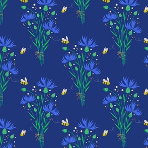 Blue cornflower bouquet with bees wallpaper