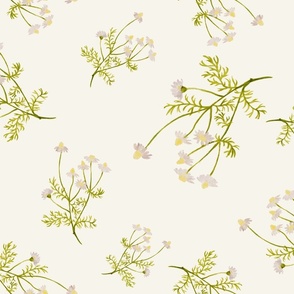 Watercolor painted Chamomile green, yellow botanical bedding fabric on white