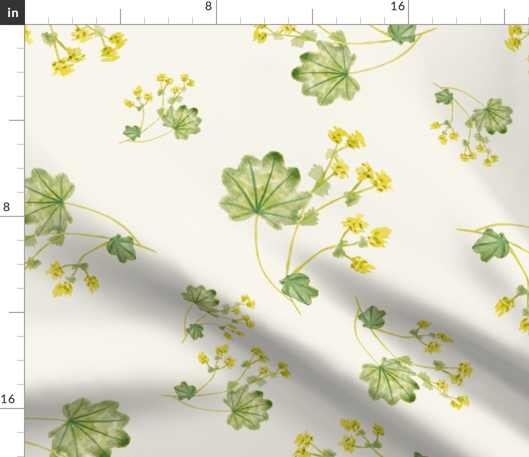 Watercolor painted Lady´s Mantle green botanical bedding fabric on white 