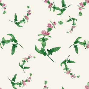 Watercolor painted Mint botanical bedding fabric on white with mint green and pink