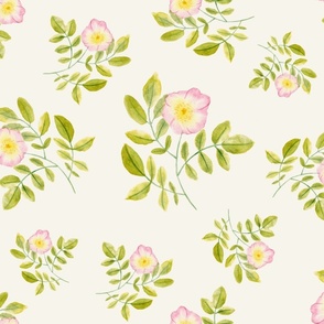  Watercolor painted dog rose botanical bedding fabric on white with green and pink