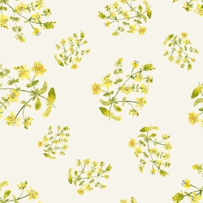 Watercolor painted St John's wort  botanical bedding fabric on white with mint green and yellow