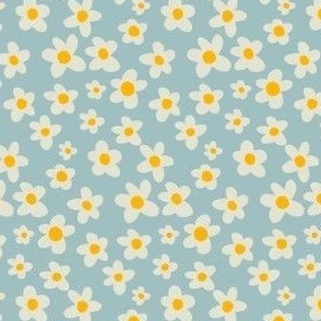 Daisies flowers in baby blue background in small scale