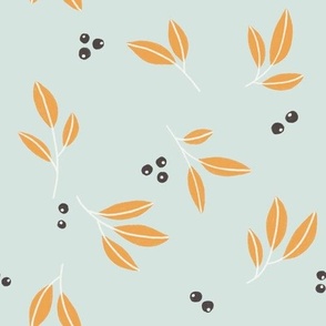 Leaves yellow with berries in black on light blue background