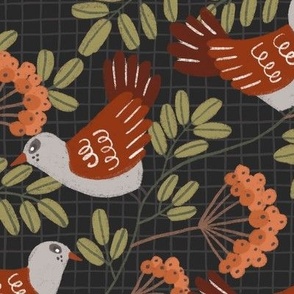 Birds and red berries on grid in dark background wallpaper