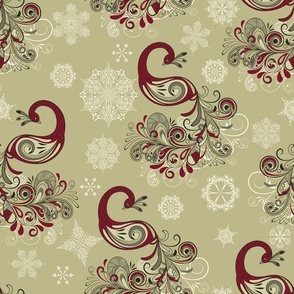 Peacocks and Crystals in Burgundy, Sage, and Ivory Multi - Coordinate
