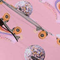 Roller skates  & disco balls pink  & orange - coral background- Disco Collection